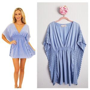 Seaspice Blue Crochet Lace Cotton Resort Vneck Coverup